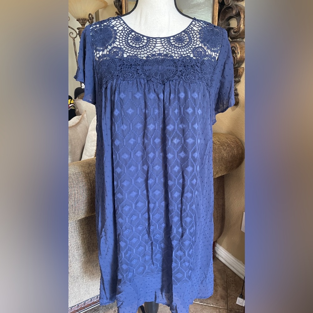NWT DR 2 Dress Womens Blue Lacey Crochet Short Sleeve Flowy Boho size M‎